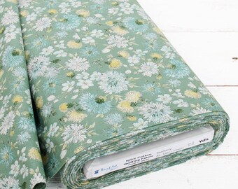 Threadart Sevenberry Green Chrysanthemum Cotton Quilting Fabric - 1, 3 & 10 Yard Cuts