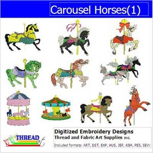 Machine Embroidery Design Set - Carousel Horses(1) - 12 Designs - 9 Formats - Threadart