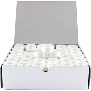 May include: A box filled with white bobbins of thread. The box is open and the bobbins are stacked in rows.