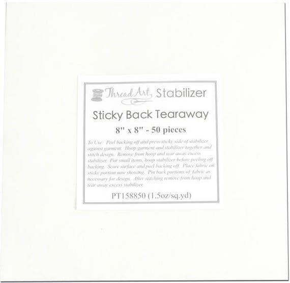 Sticky Back Tearaway Embroidery Stabilizer by Threadart, 50 8 x 8 Sheets