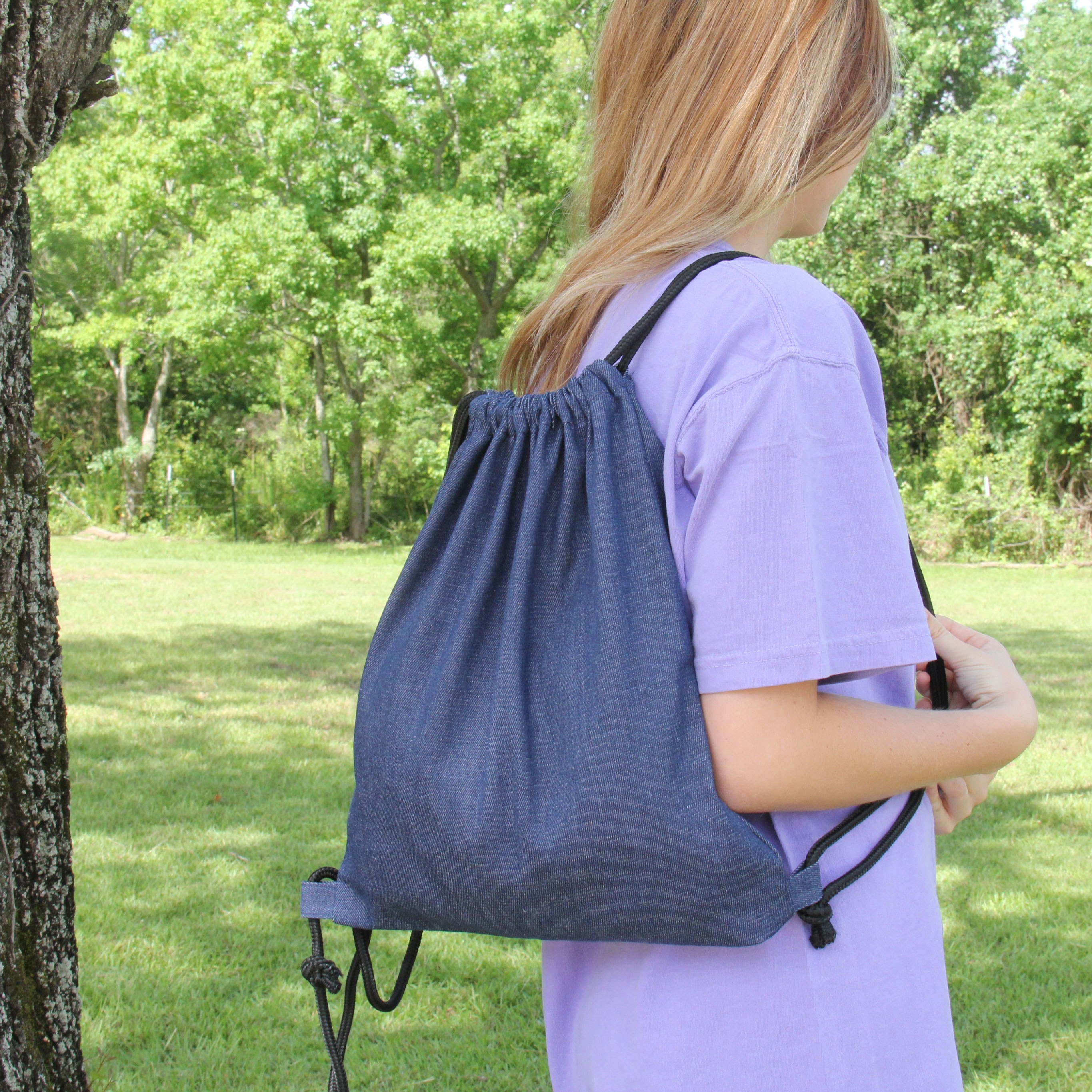 Denim 100% Cotton Drawstring Backpacks - 15.75