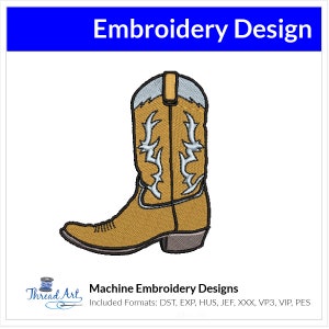 May include: An embroidery design featuring a tan cowboy boot with white and light blue decorative stitching. The boot has a brown heel and a light blue top. The words "Embroidery Design" are in a blue box at the top.