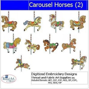 Machine Embroidery Design Set - Carousel Horses(2) - 10 Designs - 9 Formats - Threadart