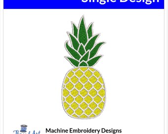 Puede incluir: Una piña amarilla con hojas verdes, un diseño de bordado a máquina. Formatos incluidos: DST, EXP, HUS, JEF, XXX, VP3, VIP, PES.