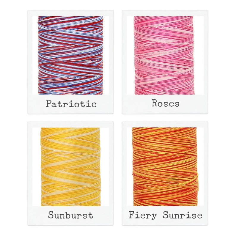 May include: Four spools of embroidery floss, each with a different color pattern. The spools are labeled "Patriotic", "Roses", "Sunburst", and "Fiery Sunrise".