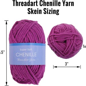 May include: A skein of super soft chenille yarn in a deep purple color. The skein is 5.5 inches tall and 3 inches wide. The yarn is labeled "Super Soft Chenille Threadart Yarn".