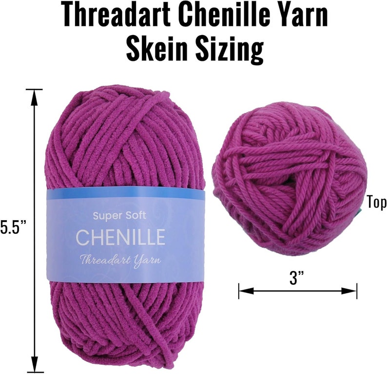 May include: A skein of super soft chenille yarn in a deep purple color. The skein is 5.5 inches tall and 3 inches wide. The yarn is labeled "Super Soft Chenille Threadart Yarn".