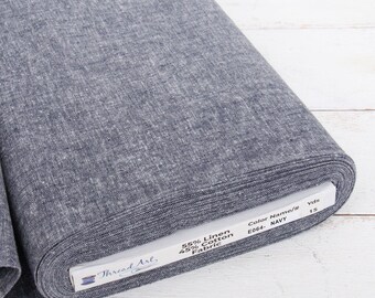 Threadart Yarn Dyed Linen Fabric, Navy, 43" Wide, 1, 3 & 10 Yard Cuts, Homespun Cotton Linen Blend