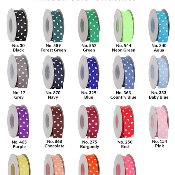 Grosgrain Dot Ribbon Rolls -  3/8" 7/8" 1.5" and 2.25" Widths - 19 Colors Available