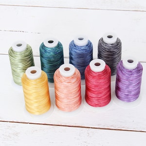 May include: Eight spools of embroidery floss in various colors, including green, blue, red, purple, and yellow. The spools are arranged in a row on a white wooden surface.