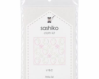 Sashiko Cloth Kit, Strawberry Pattern, Pre-Printed Japanese Embroidery Kit with Sashiko Thread, Needle and Instructions, Beginner Sashiko