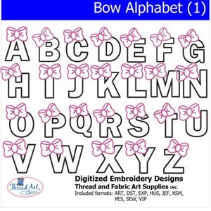 Fun Bow Font Machine Embroidery Font Set - Bow Alphabet (1) - 26 Letter Designs - 9 Formats - Threadart