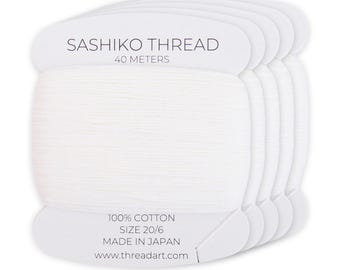 White Sashiko Thread, 5 Cards, 200 Meters, 100% Cotton Size 20/6, Made in Japan, Hitomezashi, Boro and Visible Mending Thread