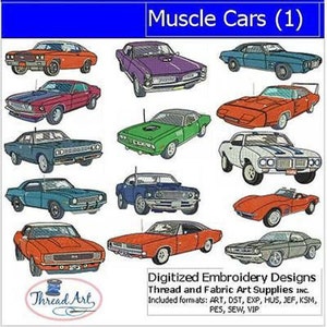 May include: A collection of 10 digitized embroidery designs of muscle cars. The designs include a variety of classic American muscle cars, such as a red Dodge Charger, a green Plymouth Barracuda, and a blue Ford Mustang. The designs are perfect for creating custom embroidery projects for clothing, home decor, and more.