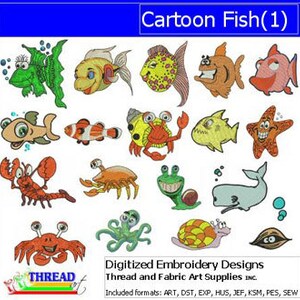 Set di disegni per ricamo a macchina, pesce cartone animato(1), 18 disegni, 9 formati, Threadart
