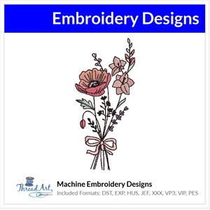 May include: Machine embroidery design featuring a bouquet of pink and green flowers with a pink ribbon bow. The design includes a poppy, a gladiolus, and other floral elements. The design is available in multiple formats, including DST, EXP, HUS, JEF, XXX, VP3, VIP, and PES.