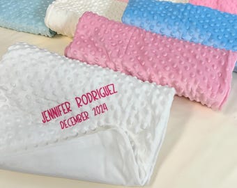 Personalized Baby Blanket With Embroidery - Soft Minky Blanket - Ivory, Blue and Pink