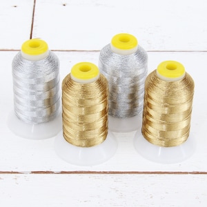 Threadart 4 Cones Metallic Embroidery Thread Set | 500 Meter Cones (550 Yards) | Gold and Silver Colors | For Machine Embroidery