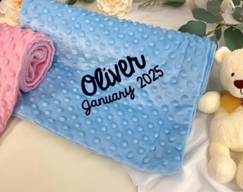 Personalized Soft  Baby Blanket With Embroidery Name - Soft Minky Blanket - Ivory, Blue and Pink