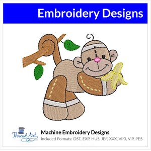May include: Machine embroidery design of a brown monkey holding a yellow banana. The monkey is sitting on a brown branch with green leaves. The design is available in multiple formats, including DST, EXP, HUS, JEF, XXX, VP3, VIP, and PES.