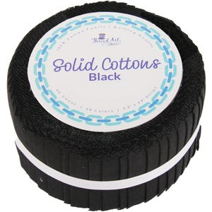 May include: A roll of black solid cotton fabric strips, with a white band around the middle. The label reads "Solid Cottons Black" and "Thread Art". Each strip is 2.5" x 44".