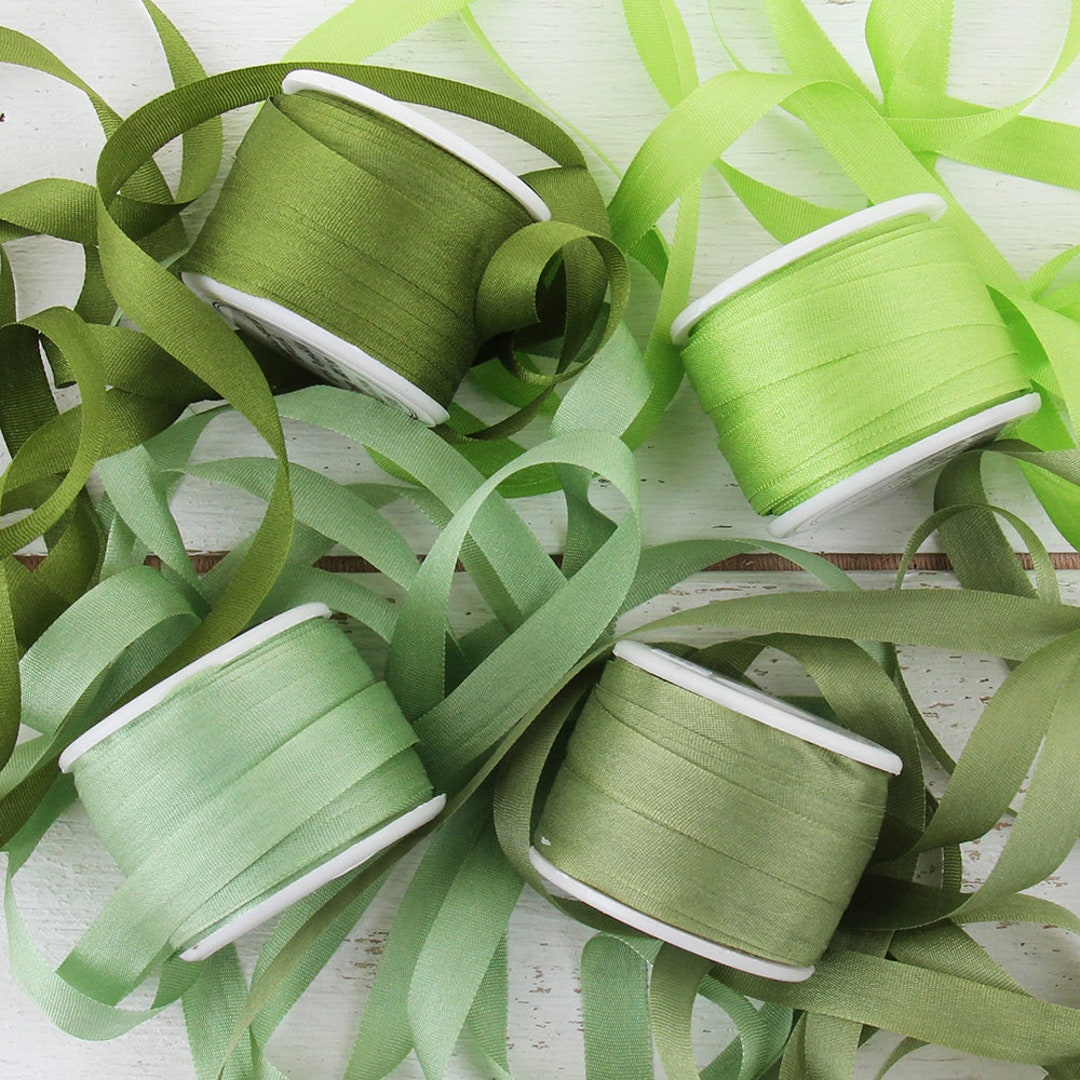 4mm Silk Ribbon Set Green Shades Five Spool Collection 100% Pure Silk 10  Meter Spools 