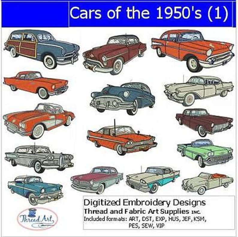 Machine Embroidery Design Set Cars of the 50's1 15 Designs 9 Formats Threadart image 1