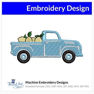 May include: Machine embroidery design of a light blue pickup truck with a white bed carrying a stack of yellow pumpkins. The truck has black wheels and white trim. The design includes the text "Thread Art, Machine Embroidery Designs" and "Included Formats: DST, EXP, HUS, JEF, XXX, VP3, VIP, PES".