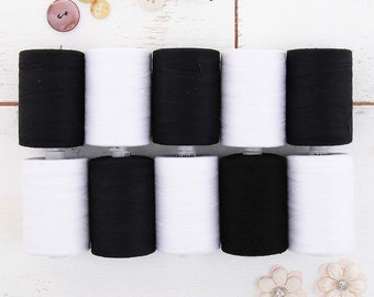 100% Cotton Thread Set | 5 White and 5 Black Spools | 1000M (1100 Yards) Spools | For Quilting & Sewing
