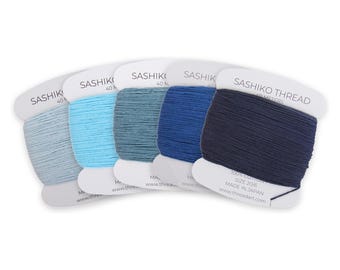 Blue Sashiko Thread Set, 5 Shades of Blue Ice Blue to Navy, 100% Cotton Size 20/6, Made in Japan, 200 Meters, Indigo Sashiko