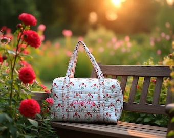 Gepersonaliseerde weekendtas - Gewatteerd rood met blokprint - Geborduurd met naam