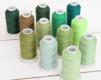 12 Color All-Purpose Sewing Thread Set - Green ColorBuilder Set - Mini-King Cones Of Spun Polyester
