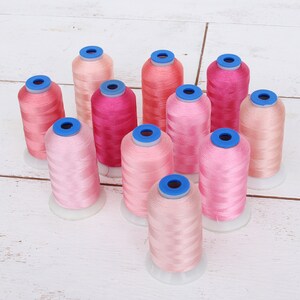 May include: Assortment of pink and red embroidery floss spools with blue plastic caps.