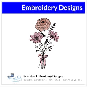May include: Machine embroidery design featuring a bouquet of pink flowers with a pink ribbon bow.  Included formats: DST, EXP, HUS, JEF, XXX, VP3, VIP, PES.