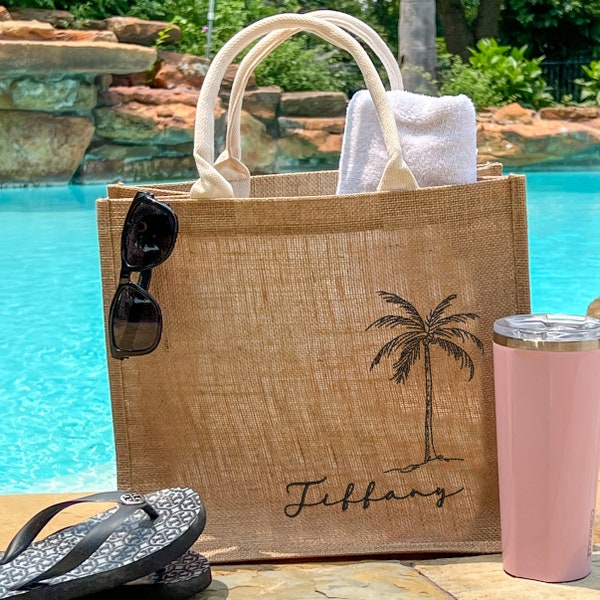 Borse tote per damigelle d'onore con palme ricamate, borse da spiaggia personalizzate in tela di iuta, borse tote per sposa da spiaggia con nome, borse di benvenuto per matrimoni