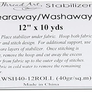 May include: A white roll of Tearaway/Washaway stabilizer, 12 inches by 10 yards, for fabric. The label includes instructions for use and the product name. The product is from Thread Art.