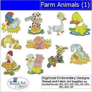 May include: A set of 10 digitized embroidery designs featuring farm animals. The designs include a cow, pig, chicken, duck, goose, and rabbit. The designs are perfect for adding a touch of country charm to your projects.