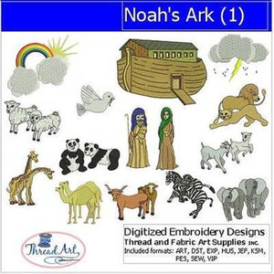 May include: A colorful embroidery design set featuring Noah's Ark, animals, and a rainbow. The design set includes a variety of animals, including a lion, zebra, giraffe, panda, camel, and sheep. The design set is perfect for creating a variety of projects, such as clothing, home decor, and accessories. The design set is available in a variety of formats, including ART, DST, EXP, HUS, JEF, KSM, PES, SEW, and VIP.