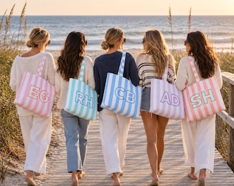 Personalized Striped Tote Bag, Embroidered Monogram Beach Bag, Custom Name Canvas Tote, Bridesmaid and Teacher Gift, 19x14x5