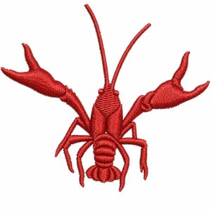 May include: A detailed, embroidered patch of a red crawfish, featuring prominent claws and antennae. The crawfish is depicted with intricate stitching, showcasing its segmented body and textured appearance. This patch is suitable for apparel and craft projects.