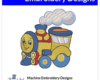 May include: Machine embroidery design of a yellow and blue cartoon train with a smiling face and a puff of smoke. The design is available in multiple formats, including DST, EXP, HUS, JEF, XXX, VP3, VIP, and PES.
