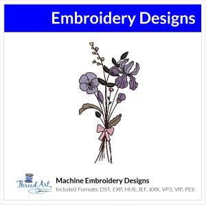 May include: Machine embroidery design of a bouquet of purple flowers with a pink bow. The design is available in multiple formats, including DST, EXP, HUS, JEF, XXX, VP3, VIP, and PES.