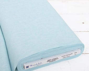 Threadart Yarn Dyed Linen Fabric, Aqua, 43" Wide, 1, 3 & 10 Yard Cuts, Homespun Cotton Linen Blend
