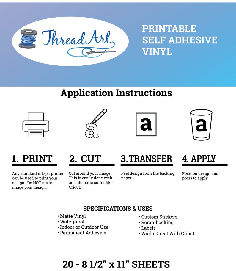 20 Sheets of Printable Sticker Vinyl Inkjet or Laser Printer