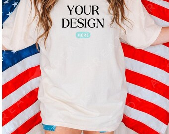 Ivory Comfort Colors 1717, Oversized Shirt Mockup, 4th of July Mockup, Patriotic Mockup, Model Mockup, Fourth of July Mock, Crewneck, Flag