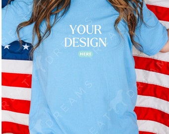 BELLA + CANVAS 3001 Carolina Blue, Oversized Shirt Mockup, 4th of July Mockup, Patriotic Mockup, Model Mockup, Fourth of July Mock,