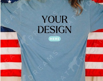 Blue Jean Comfort Colors 1717 Back, Oversized Shirt Mockup, 4th of July Mockup, Patriotic Mockup, Model Mockup, Fourth of July Mock, Crew