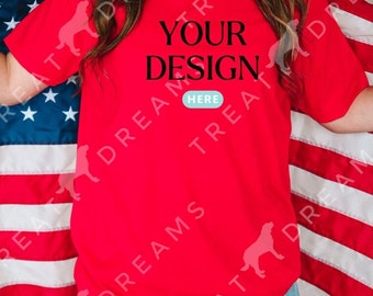 BELLA + CANVAS 3001 Red, Oversized Shirt Mockup, 4th of July Mockup, Patriotic Mockup, Model Mockup, Fourth of July Mock, Crewneck, Trendy