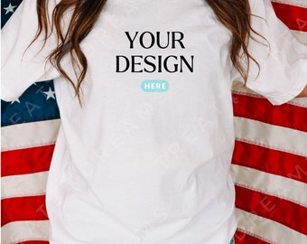 White Bella Canvas 3001 , Oversized Shirt Mockup, 4th of July Mockup, Patriotic Mockup, Model Mockup, Fourth of July Mock, Crewneck,