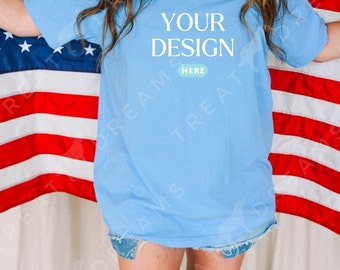 BELLA + CANVAS 3001 Carolina Blue, Oversized Shirt Mockup, 4th of July Mockup, Patriotic Mockup, Model Mockup, Fourth of July Mock,